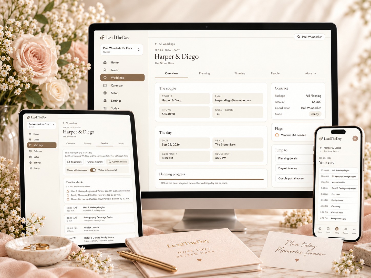 LeadTheDay wedding workspace on a desktop, timeline on a tablet and Today mode on a phone, staged on a warm wedding-editorial surface with florals and stationery