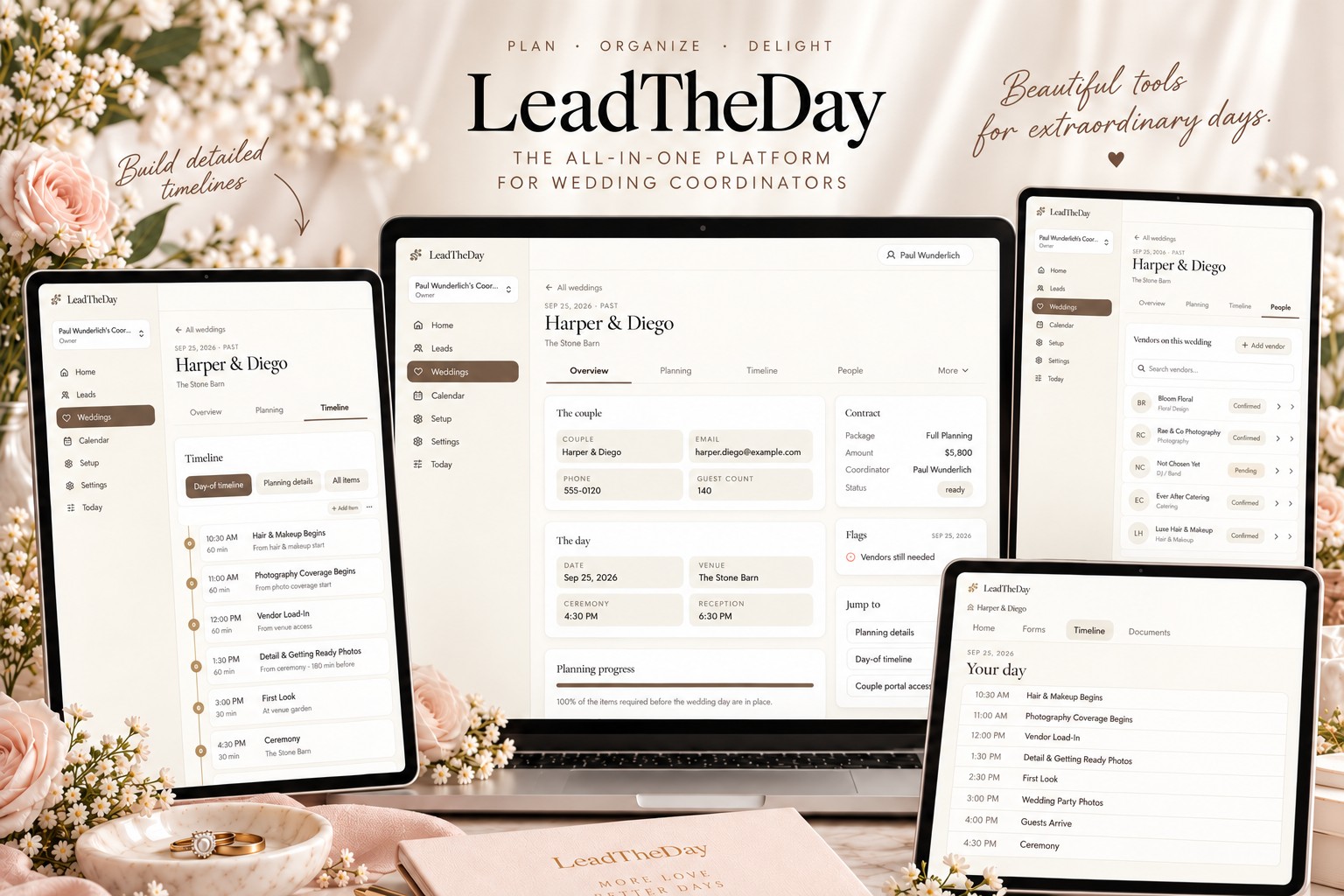 LeadTheDay workflow from leads and planning to the Timeline Engine, couple portal and vendors, with current wedding workspace screens